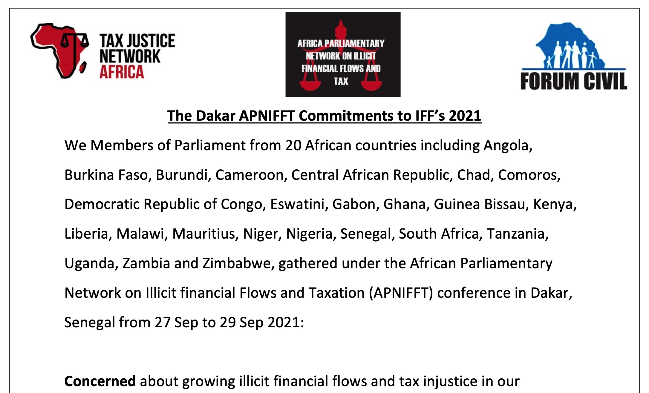 The Dakar APNIFFT Commitments to IFF’s 2021
