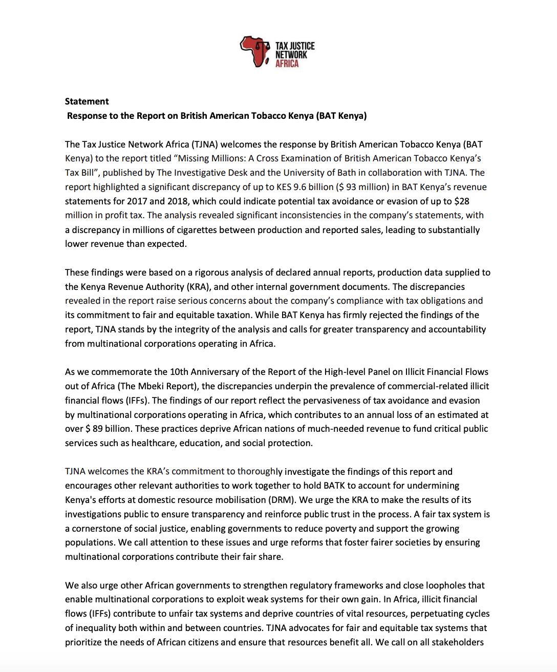 Statement: Response to the Report on British American Tobacco Kenya (BAT Kenya) 